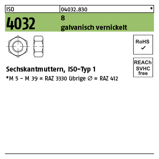 1000 Stück, ISO 4032 8 galvanisch vernickelt Sechskantmuttern, ISO-Typ 1 - Abmessung: M 3