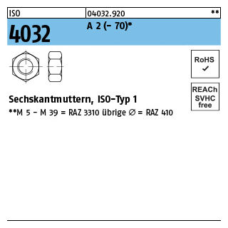 1000 Stück, ISO 4032 A 2 - 70 Sechskantmuttern, ISO-Typ 1 - Abmessung: M 3*