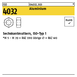 100 Stück, ISO 4032 Aluminium Sechskantmuttern, ISO-Typ 1 - Abmessung: M 4