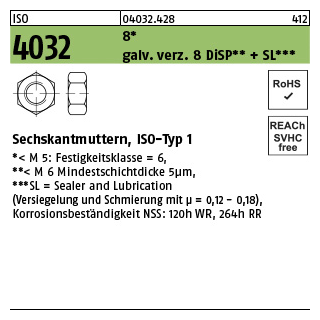 1000 Stück, ISO 4032 8 galv. verz. 8 DiSP + SL Sechskantmuttern - Abmessung: M 4