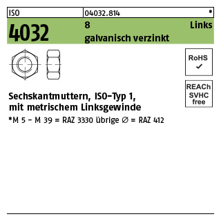 100 Stück, ISO 4032 8 Links galvanisch verzinkt Sechskantmuttern, ISO-Typ 1, mit metrischem Linksgewinde - Abmessung: M 4