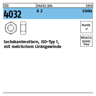 100 Stück, ISO 4032 A 2 Links Sechskantmuttern, ISO-Typ 1, mit metrischem Linksgewinde - Abmessung: M 5