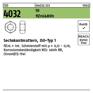 1000 Stück, ISO 4032 10 flZnL 480h (zinklamellenbesch.) Sechskantmuttern, ISO-Typ 1 - Abmessung: M 6