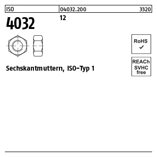 100 Stück, ISO 4032 12 Sechskantmuttern, ISO-Typ 1 - Abmessung: M 6