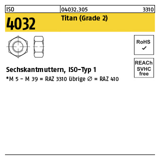 50 Stück, ISO 4032 Titan (Grade 2) Sechskantmuttern, ISO-Typ 1 - Abmessung: M 6