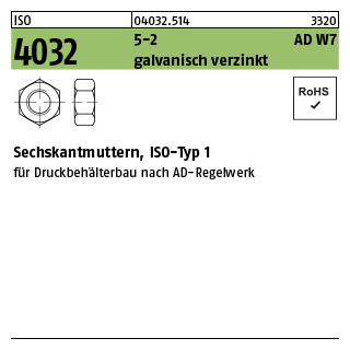 100 Stück, ISO 4032 5-2 AD W7 galvanisch verzinkt Sechskantmuttern, ISO-Typ 1 - Abmessung: M 6