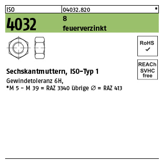 1000 Stück, ISO 4032 8 feuerverzinkt Sechskantmuttern, ISO-Typ 1 - Abmessung: M 6