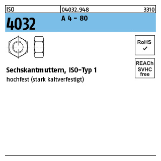 200 Stück, ISO 4032 A 4 - 80 Sechskantmuttern, ISO-Typ 1 - Abmessung: M 6