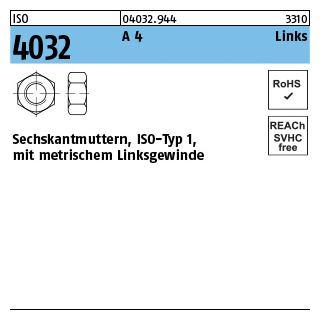 100 Stück, ISO 4032 A 4 Links Sechskantmuttern, ISO-Typ 1, mit metrischem Linksgewinde - Abmessung: M 8