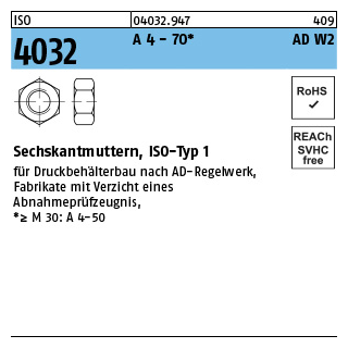 500 Stück, ISO 4032 A 4 - 70 AD W2 Sechskantmuttern, ISO-Typ 1 - Abmessung: M 8