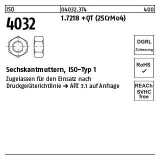 100 Stück, ISO 4032 1.7218 +QT (25CrMo4) Sechskantmuttern, ISO-Typ 1 - Abmessung: M 12