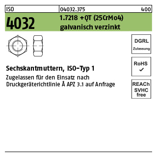 100 Stück, ISO 4032 1.7218 +QT (25CrMo4) galvanisch verzinkt Sechskantmuttern, ISO-Typ 1 - Abmessung: M 12