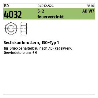 100 Stück, ISO 4032 5-2 AD W7 feuerverzinkt Sechskantmuttern, ISO-Typ 1 - Abmessung: M 12