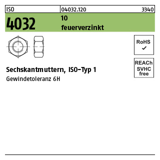 100 Stück, ISO 4032 10 feuerverzinkt Sechskantmuttern, ISO-Typ 1 - Abmessung: M 16