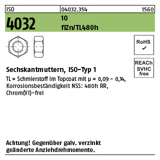 25 Stück, ISO 4032 10 flZn/TL 480h (zinklamellenbesch.) Sechskantmuttern, ISO-Typ 1 - Abmessung: M 30