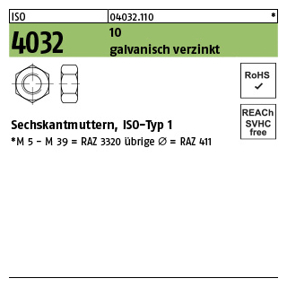 1 Stück, ISO 4032 10 galvanisch verzinkt Sechskantmuttern, ISO-Typ 1 - Abmessung: M 39