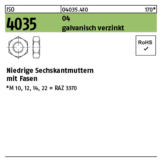 1000 Stück, ISO 4035 04 galvanisch verzinkt Niedrige Sechskantmuttern mit Fasen - Abmessung: M 2