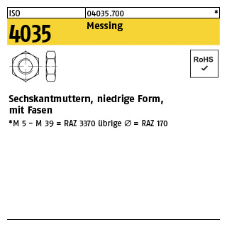 100 Stück, ISO 4035 Messing Niedrige Sechskantmuttern mit Fasen - Abmessung: M 2