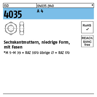 100 Stück, ISO 4035 A 4 Niedrige Sechskantmuttern mit Fasen - Abmessung: M 2