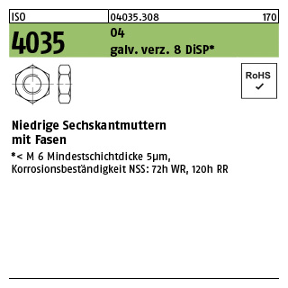 1000 Stück, ISO 4035 04 galv. verz. 8 DiSP Niedrige Sechskantmuttern mit Fasen - Abmessung: M 3