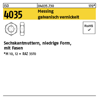 100 Stück, ISO 4035 Messing galvanisch vernickelt Niedrige Sechskantmuttern mit Fasen - Abmessung: M 3