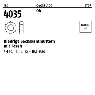 100 Stück, ISO 4035 04 Niedrige Sechskantmuttern mit Fasen - Abmessung: M 3,5