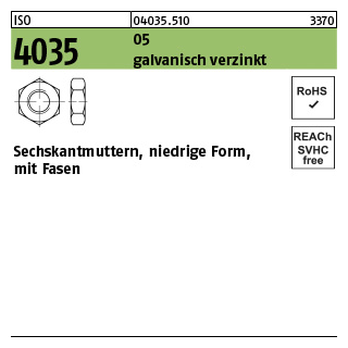 1000 Stück, ISO 4035 05 galvanisch verzinkt Niedrige Sechskantmuttern mit Fasen - Abmessung: M 5