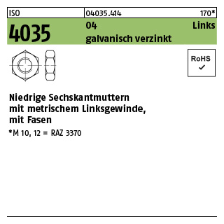 100 Stück, ISO 4035 04 Links galvanisch verzinkt Niedrige Sechskantmuttern mit Fasen und metrischem Linksgewinde - Abmessung: M 6