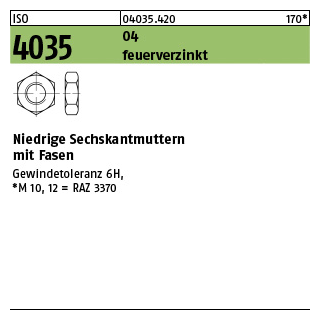 100 Stück, ISO 4035 04 feuerverzinkt Niedrige Sechskantmuttern mit Fasen - Abmessung: M 8