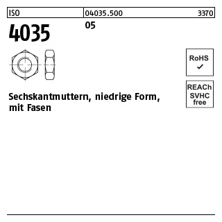 100 Stück, ISO 4035 05 Niedrige Sechskantmuttern mit Fasen - Abmessung: M 14