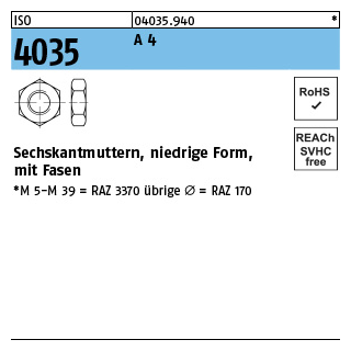 10 Stück, ISO 4035 A 4 Niedrige Sechskantmuttern mit Fasen - Abmessung: M 24