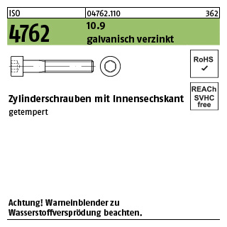 500 Stück, ISO 4762 10.9 galvanisch verzinkt Zylinderschrauben mit Innensechskant - Abmessung: M 3 x 6