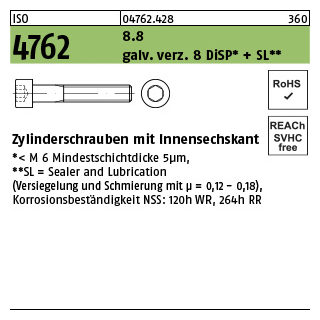 500 Stück, ISO 4762 8.8 galv. verz. 8 DiSP + SL Zylinderschrauben mit Innensechskant - Abmessung: M 3 x 6