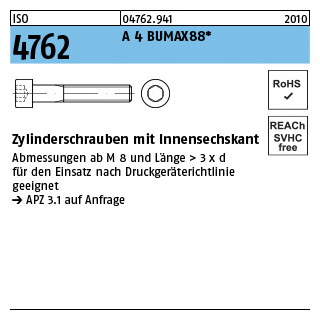 500 Stück, ISO 4762 A 4 BUMAX88 Zylinderschrauben mit Innensechskant - Abmessung: M 3 x 6