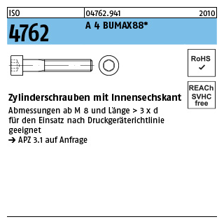 100 Stück, ISO 4762 A 4 BUMAX88 Zylinderschrauben mit Innensechskant - Abmessung: M 5 x 12