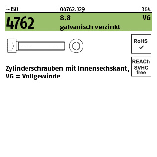 200 Stück, ~ISO 4762 8.8 VG galvanisch verzinkt Zylinderschrauben mit Innensechskant, mit Vollgewinde - Abmessung: M 5 x 45