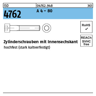 100 Stück, ISO 4762 A 4 - 80 Zylinderschrauben mit Innensechskant, - Abmessung: M 6 x 8