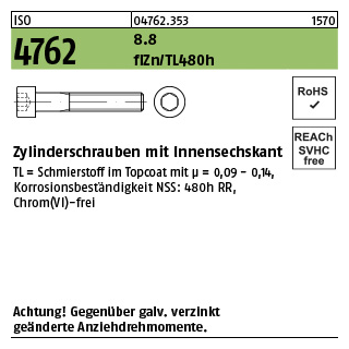 500 Stück, ISO 4762 8.8 flZn/TL 480h (zinklamellenbesch.) Zylinderschrauben mit Innensechskant - Abmessung: M 6 x 12