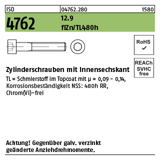 500 Stück, ISO 4762 12.9 flZn/TL 480h (zinklamellenbesch.) Zylinderschrauben mit Innensechskant - Abmessung: M 6 x 14