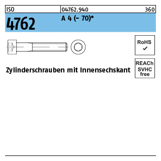 500 Stück, ISO 4762 A 4 - 70 Zylinderschrauben mit Innensechskant - Abmessung: M 6 x 18