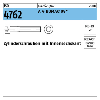 100 Stück, ISO 4762 A 4 BUMAX109 Zylinderschrauben mit Innensechskant - Abmessung: M 6 x 20