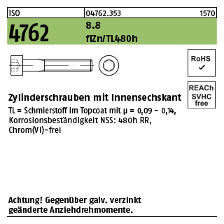 200 Stück, ISO 4762 8.8 flZn/TL 480h (zinklamellenbesch.) Zylinderschrauben mit Innensechskant - Abmessung: M 8 x 55