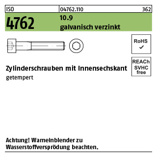 100 Stück, ISO 4762 10.9 galvanisch verzinkt Zylinderschrauben mit Innensechskant - Abmessung: M 8 x 100