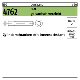 200 Stück, ISO 4762 8.8 galvanisch verzinkt Zylinderschrauben mit Innensechskant - Abmessung: M 10 x 22