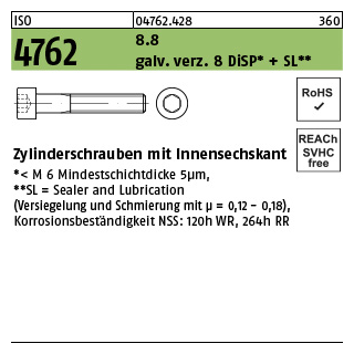 25 Stück, ISO 4762 8.8 galv. verz. 8 DiSP + SL Zylinderschrauben mit Innensechskant - Abmessung: M 16 x 65