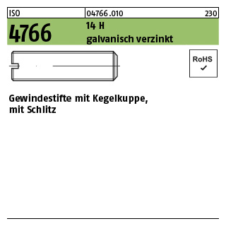 200 Stück, ISO 4766 14 H galvanisch verzinkt Gewindestifte mit Kegelkuppe, mit Schlitz - Abmessung: M 3 x 4