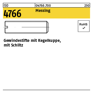 100 Stück, ISO 4766 Messing Gewindestifte mit Kegelkuppe, mit Schlitz - Abmessung: M 3 x 4