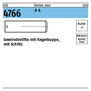 50 Stück, ISO 4766 A 4 Gewindestifte mit Kegelkuppe, mit Schlitz - Abmessung: M 4 x 30
