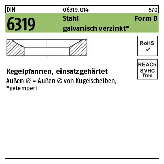 50 Stück, DIN 6319 Stahl Form D galvanisch verzinkt Kegelpfannen, einsatzgehärtet - Abmessung: D 14,2x24x 5