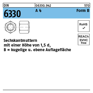 25 Stück, DIN 6330 A 4 Form B Sechskantmuttern m. einer Höhe von 1,5d mit kugeliger und ebener Auflagefläche - Abmessung: BM 8 SW 13